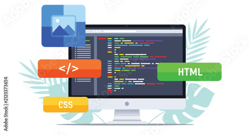 Front end web development concept with computer monitor showing programming code and floating icons for html css and image files on white background space.