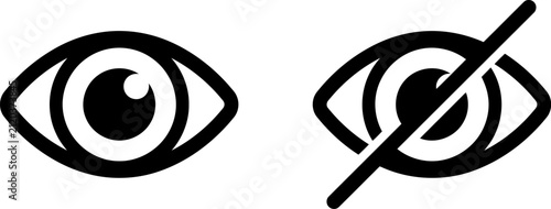 Set of two eye icons representing visibility and invisibility, featuring open and closed eye designs, isolated on white background for user interface and accessibility concepts
