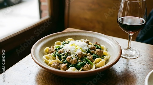 Orecchiette pasta with sausage and greens. Italian dinner dish served with red wine.