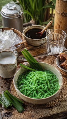 Bowl of bright green cendol noodles surrounded by pandan and traditional ingredients. generative AI