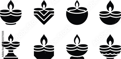 Various Traditional Diya Lamp Designs With Flame Illustrations