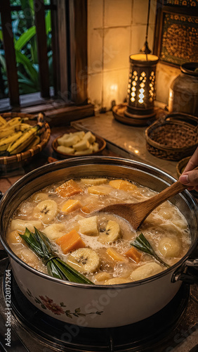 Pot of banana kolak simmering as a wooden ladle stirs the sweet coconut broth. generative AI