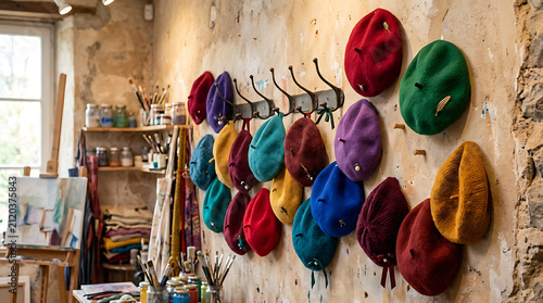 Vibrant Collection of Berets Hanging on a Wall in a Boutique Display