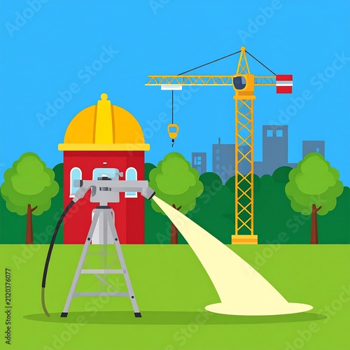 Colorful cartoon illustration of a fire station with firefighters.