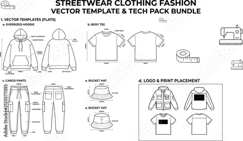 Streetwear clothing fashion vector technical template and tech pack bundle featuring hoodie t shirt cargo pants bucket hat