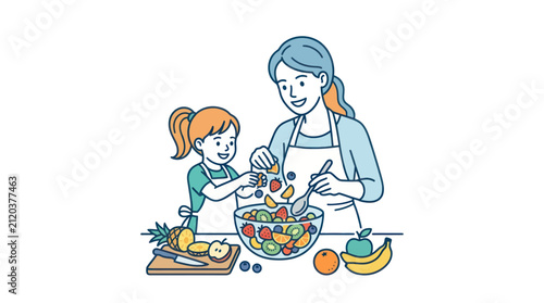 Woman and girl prepare fruit salad.