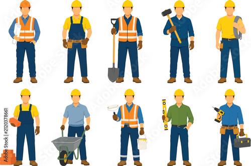 Set of Funny Cartoon Workers Businesspeople Builders and Professional Occupation Characters Vector Illustration Collection on White Background