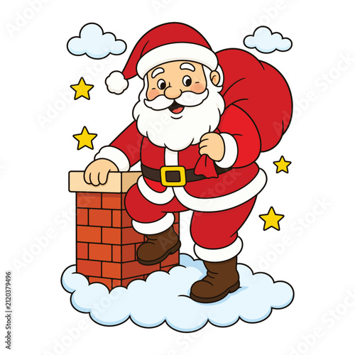 Happy Santa Claus with Gift Sack and Chimney Cute Christmas Mascot Flat Vector Design