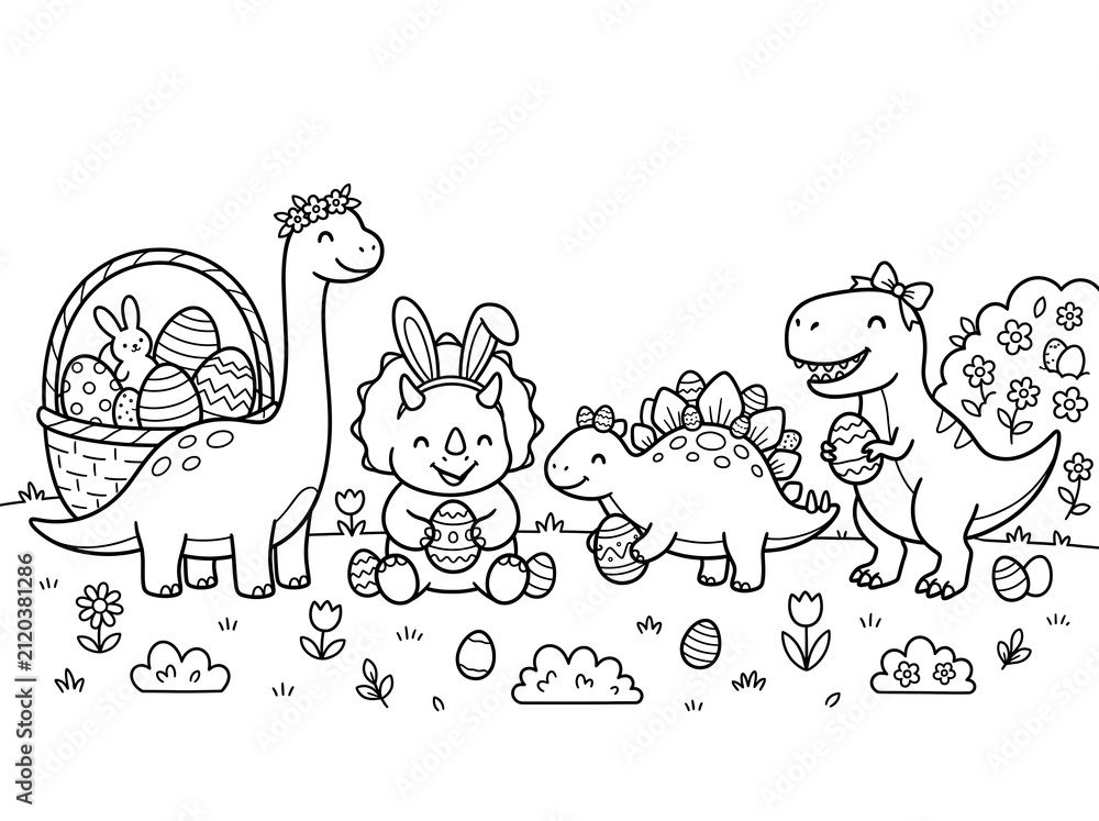 Fototapeta premium Easter Dinosaurs coloring page on an isolated white background. Generated with AI