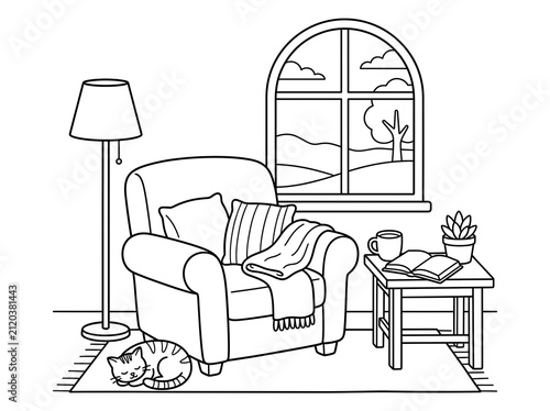 Easy Relaxing Corner coloring page on an isolated white background. Generated with AI
