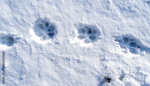 Large Animal Paw Prints Pressed Into Fresh White Snow Outdoors