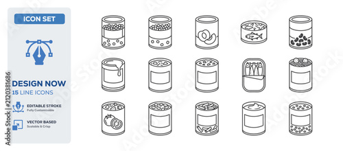 flat vector illustration line art icon bundle set design depicting food storage cans canned metal tins kitchen containers domestic storage preservation objects graphics