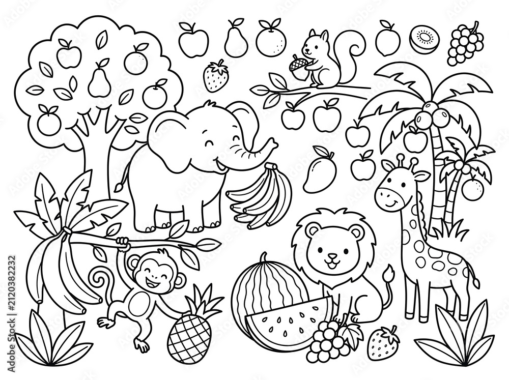 Obraz premium Fruits & Animals coloring page on an isolated white background. Generated with AI