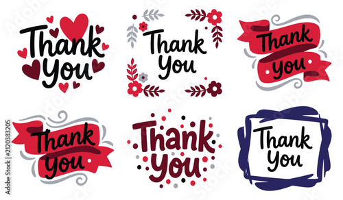 Collection of six decorative thank you script designs with heart motifs