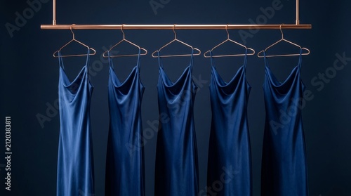 Five identical blue satin slip dresses hanging on a rail against a dark background.