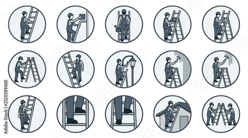 Workers on Ladders at Construction Site.