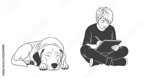 Young boy drawing in notebook with sleeping dog