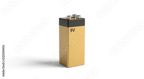 A 9-volt battery, a common power source for various electronic devices, stands upright in a detailed 3D rendering with a clean, isolated white background.
