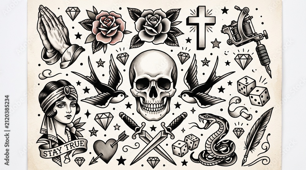 Fototapeta premium Vintage Traditional Tattoo Flash Sheet with Classic Old School Imagery
