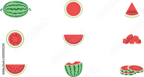 Watermelon vector element collection with whole fruit slices cubes and seeds for fresh summer graphic design