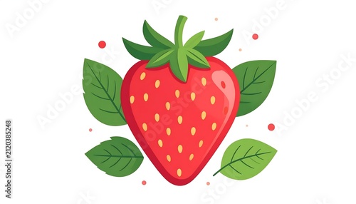 Vibrant red strawberry with green leaves and seeds.