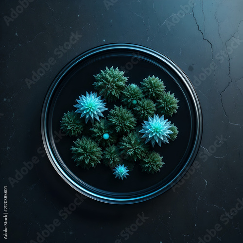 Abstract Bioluminescent Green Plants in Black Circular Frame