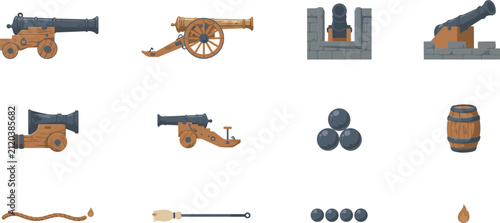Vintage medieval cannon and weapon vector element icon set with cannonballs, gunpowder barrel, fuse, and ramrod isolated on white.