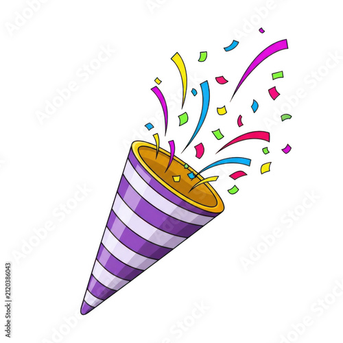 Purple striped party popper with colorful confetti burst