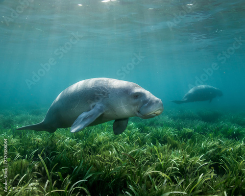 Dugongs Swimming in Seagrass Bed Underwater level graphic