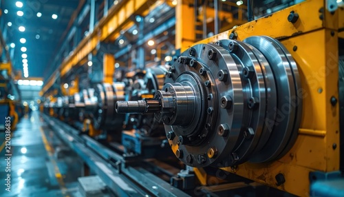 Large Metal Industrial Machine Spindle Mounted on Yellow Factory Equipment