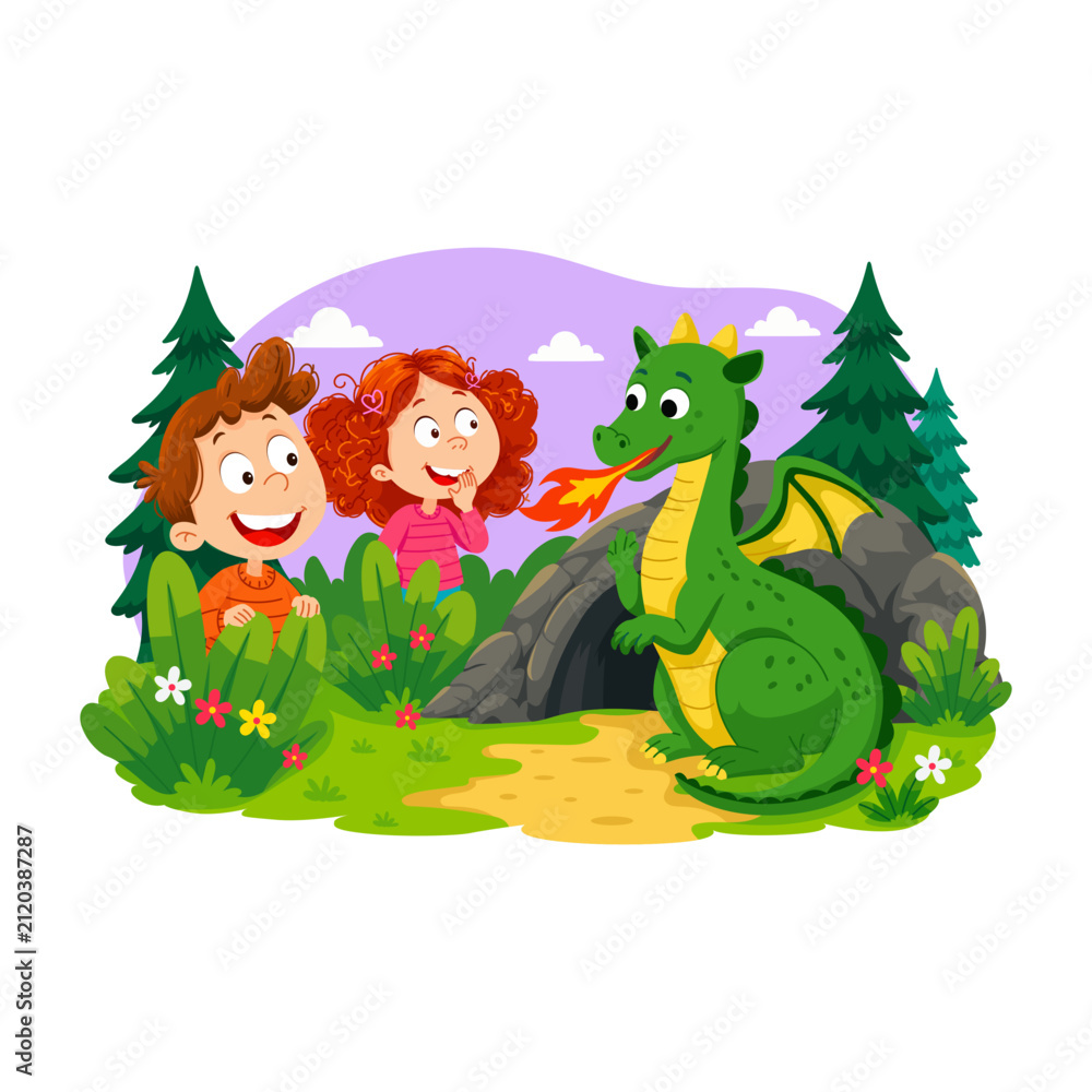 Naklejka premium Three brave children meet a friendly green dragon in a colorful mountain forest.