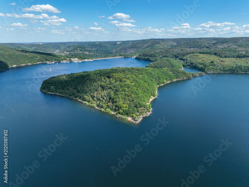 Flight over the Ruhr River and the Rur Reservoir – Schwammenauel, northern Eifel, Municipality of Simmerath, Aachen region, Germany