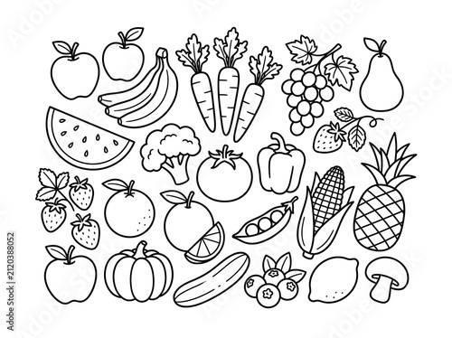 Vegetables and fruits coloring page on an isolated white background. Generated with AI