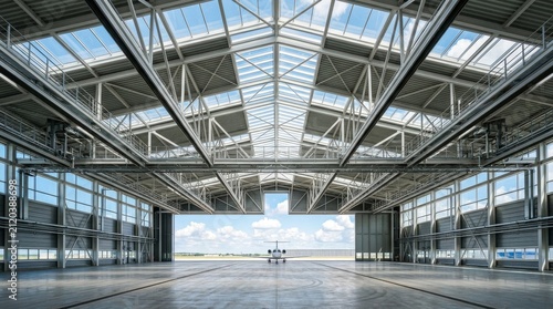Empty Modern Aircraft Hangar Interior With Large Open Doors.