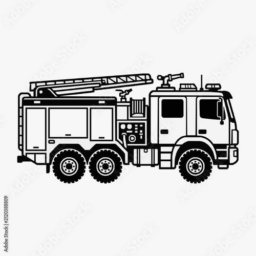 Foto Industrial Black and White Line Drawing of a Fire Truck with Ladder and Emergenc