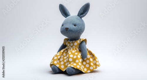 Adorable blue bunny plush toy in a yellow polka dot dress, sitting