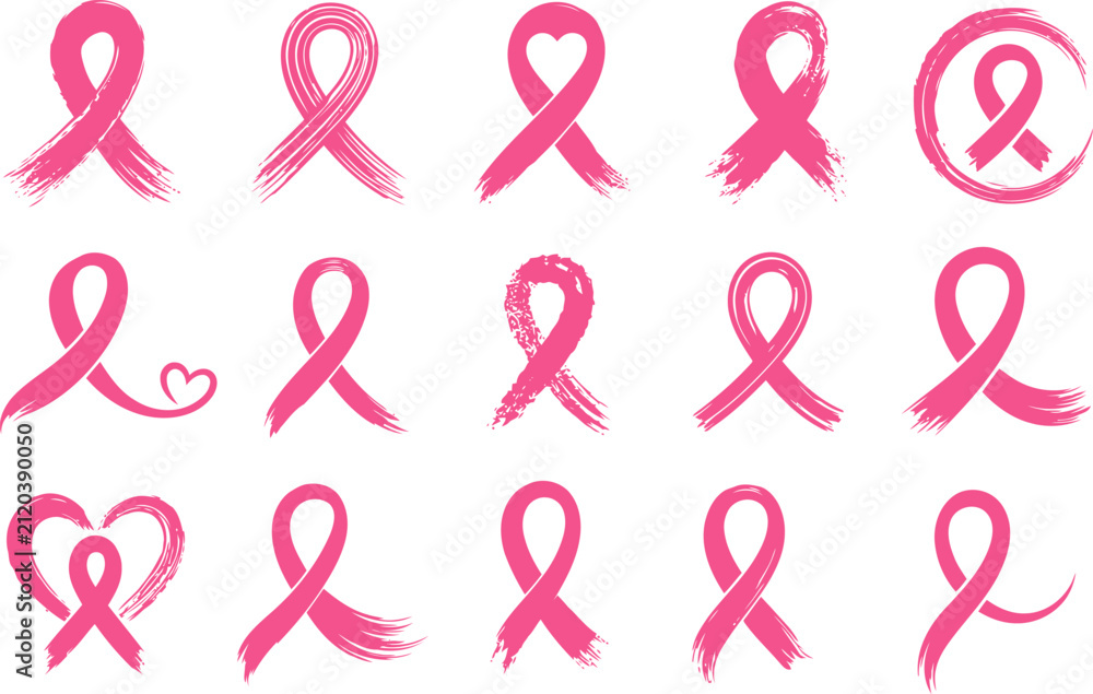 Obraz premium Pink breast cancer awareness ribbon icon collection, hand painted brush designs, isolated support symbols, for healthcare campaigns and educational materials, vector illustration