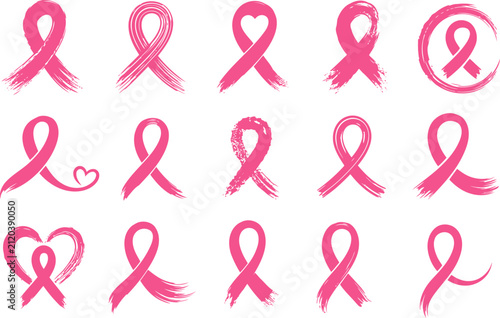Photography Pink breast cancer awareness ribbon icon collection, hand painted brush designs,