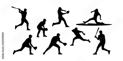 Fotografie Baseball player silhouettes vector set with batter, pitcher, fielder, and catche