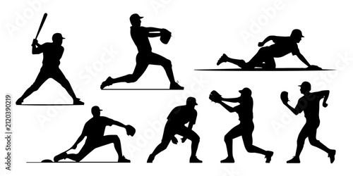 Fotografie Baseball player silhouettes vector set with batter, pitcher, fielder, and catche