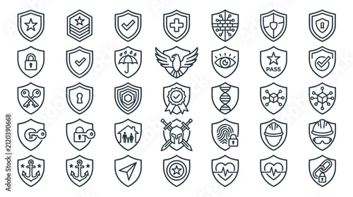 Security and protection shield vector outline icons set isolated on a white background.