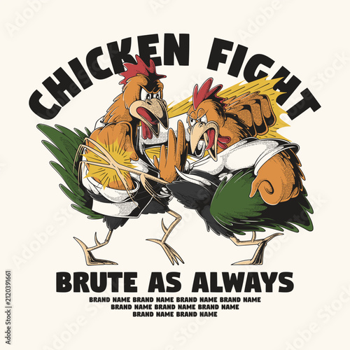 Funny Retro Cartoon Rooster Fighting Illustration