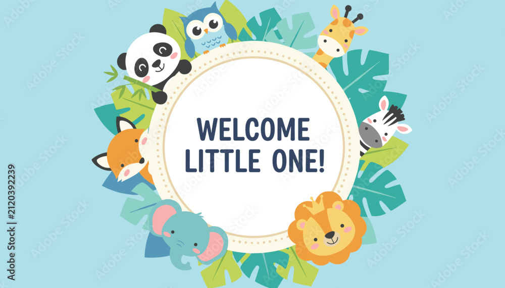 Fototapeta premium Welcome Little One baby shower greeting card features a circular frame surrounded by cute jungle and forest animals.