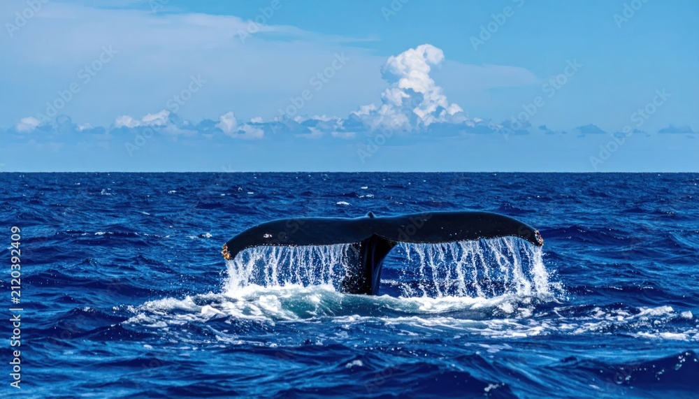 Naklejka premium Large Whale Tail Rising Above Deep Blue Ocean Under Bright Sky