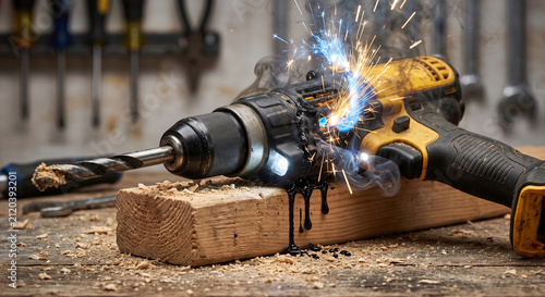 Burning cordless drill sparks wood sparks electrical malfunction tool damage.