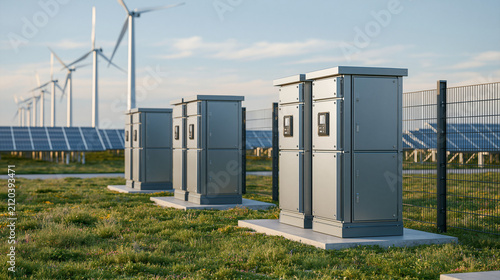Battery energy storage system cabinets operating in renewable field with wind turbines and solar panels.