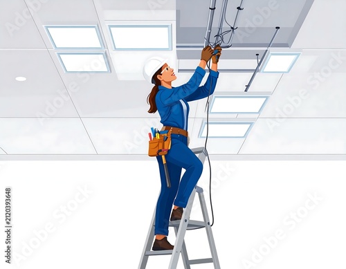 Woman in blue jacket climbing indoor rock wall.