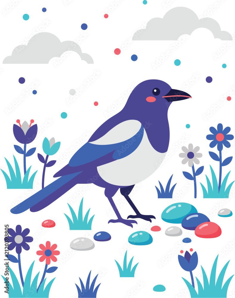 Fototapeta premium Cute cartoon magpie bird standing in a field of flowers illustration