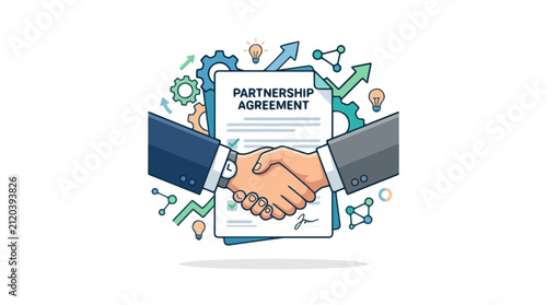 Business partnership agreement handshake with gears and lightbulbs symbolizing success