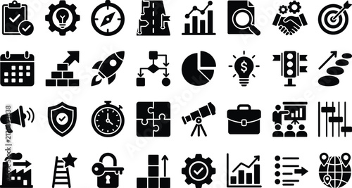 Set of various business and management icons representing strategy planning development marketing and corporate growth concepts in black